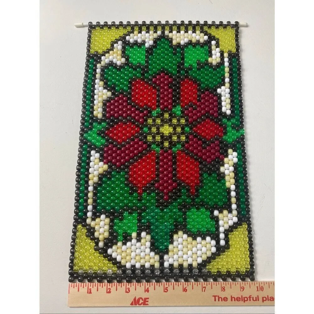 Beaded Floral Wall Hanging Tapestry Boho Folk Art Decor 10x15